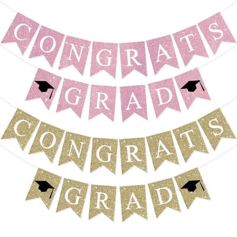 Pre-Strung Congrats Grad Banner Pink Glitter Congratulations Graduate Banner Sign