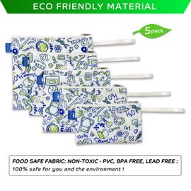Nordic By Nature Reusable Sandwich Bag Snack Bags - Value Pack of 5 Dual Layer Lunch Baggies - Dishwasher Safe - Eco Friendly Cloth Wraps - Easy Open Zipper (Back to School)