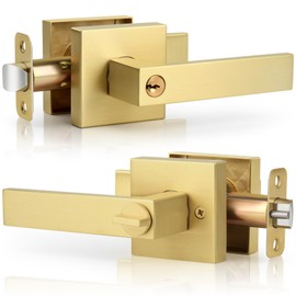 Gaurqiah Brushed Gold Door Handles, Keyed Entry Door Handle, Heavy Duty Gold Entrance Door Lever,Reversible Square Door Lever for Bedroom,Satin Brass