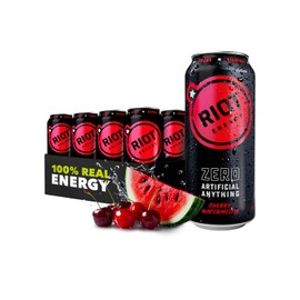 RIOT Clean Energy Drink – Cherry Watermelon | No Sucralose, No Sugar Added, No Artificial Flavors | 160mg Natural Caffeine + 100mg L-Theanine | Clean Focus & Smooth Energy | 16 Fl Oz (Pack of 12)