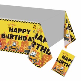ParPix Construction Site Tablecloth, Children's Birthday Party, 137 x 274 cm, Excavator Tablecloth, Construction Vehicles Tablecloth, Plastic, Digger Children's Birthday Decoration, Waterproof Table