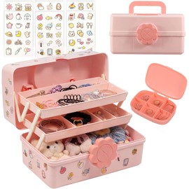 Organizador de accesorios para el cabello con asa para niñas, caja organizadora de tres capas con cerradura para manualidades, caja de almacenamiento de suministros de arte, caja de joyería plegableDu