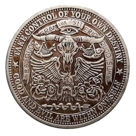Copy U.S Hobo Morgan Dollar Coin Illuminati Masonic Eye of Providence God Sky Mason Bull Skull Take Control of Your Own Destiny Good and Evil are Within Oneself Silver Plated Replica Commemorative