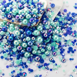 4298Pcs Cyan Blue Flat Back Pearls Rhinestones for Crafts Mixed Size 3mm-8mm AB Color Round Half Pearls Flatback Pearl Beads and Resin Rhinestones Set for Face Art