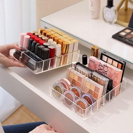 MEISO Organizador de maquillaje acrílico de 7 compartimentos organizador de cosméticos transparente para sombras de ojos y pintalabios perfecto para tocadores y encimeras de baño