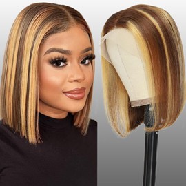 Highlight Ombre Bob Wig Human Hair 13 x 4 Bob Lace Frontal Wigs for Women 150% Density Straight Bob Wig Brazilian Human Hair Short Bob Lace Front Wigs P4/27 Colour (8 Inches)