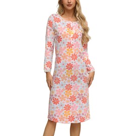 ENJOYNIGHT Womens Nightgown Cotton Long Sleeves Sleep Shirt Button Down Nightshirt (Large,Pink Flower)