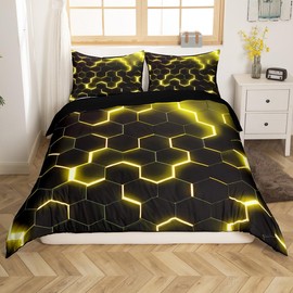 Yellow Black Geometric Comforter Cover Neon Hexagon Honeycomb Bedding Set for Boys Kids Teen Men Reversible Black,Modern Geometry Duvet Cover Geometrical Beehive Quilt Cover Single