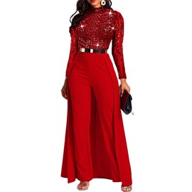 VERWIN Patchwork Overlay Embellished Plain Women's Jumpsuit High-Waist Woman Romper (X-Large, Red Sequin)
