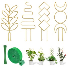 Metal Trellis for Climbing Plants Indoor with Plant Ties, 23" Small Plant Trellis for Potted Plants with 4 Different Panels, Accessories for Plant Care and Decor (Gold)