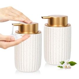 RETON 2 Pack Ceramic Foaming Soap Dispenser, 12oz Foam Hand Dish Soap Dispensers, Bathroom Liquid Lotion Soap Dispenser Pump Bottles for Kitchen Countertop (White)