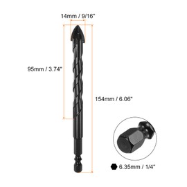 sourcing map 6pcs Concrete Masonry Drill Bits 14mm (9/16") Tungsten Carbide Tip Chrome Plated Long Triangle Cross Drill Bit for Ceramic Tile Brick Glass Plastic Wood, Black