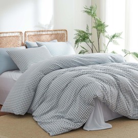 Nayoroom Gingham Duvet Cover Queen Size 100% Washed Cotton Blue Plaid Checkered Comforter Cover 3 Pcs Soft Breathable Grid Farmhouse Dorm Bedding Set for All Seasons