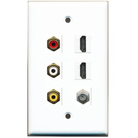 RiteAV - 3 x RCA - 2 X HDMI and 1 x Coax Cable TV Port Wall Plate - White