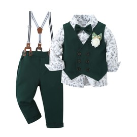 YALLET Toddler Baby Boy Clothes Suit Gentleman Wedding Outfits, Formal Dress Shirt+Bowtie+Vest+Boutonniere+Suspender Pants(V Green, 7-8 Years)