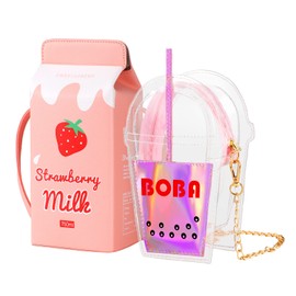 BBTO 2 Pcs Kawaii Fruits Food Purse Milk Strawberry Box Cross Body Purse Christmas Gift Bag Cute Hamburger Toast Wallet (Cute Style)