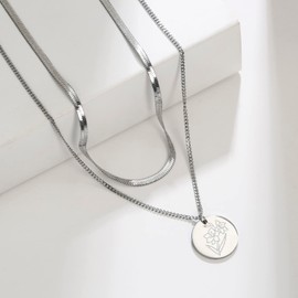 KKJOY Birth Month Flower Layered Necklace Stainless Steel August Birth Flower Gladiolus Disc Coin Pendant Necklace Snake Bone Chain Necklace for Women