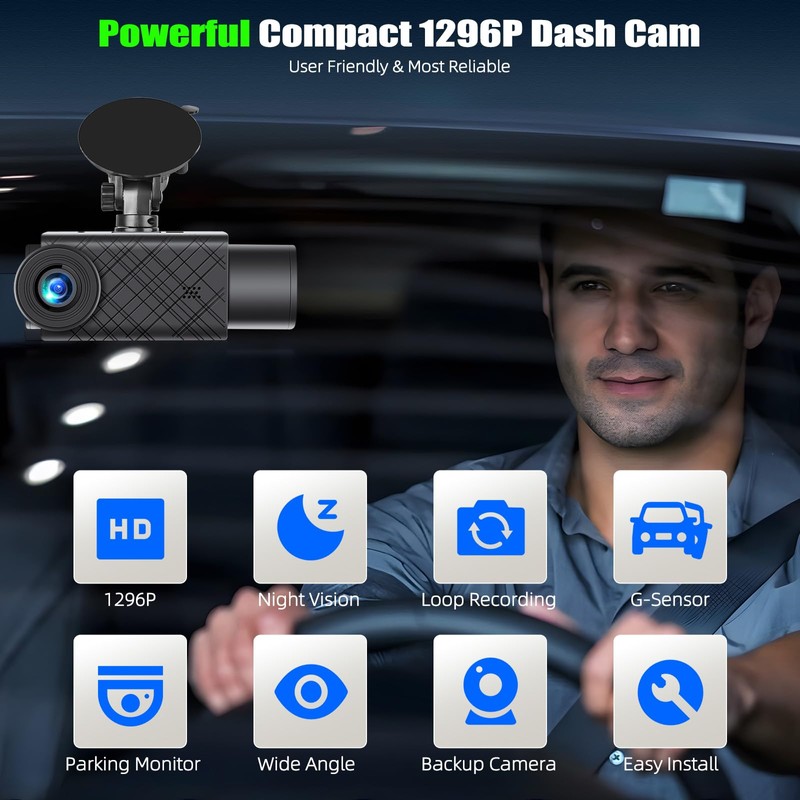 3 Channel Dash Cam Front and Rear Inside, 2.0'' 1296P