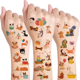 Qpout Dog Temporary Tattoos for Kids,10 Sheets Cute Dog Birthday Party Waterproof Fake Tattoos,Boys Girls Dog Themed Party Decoration Favors Supplies Bags Fillers Gifts