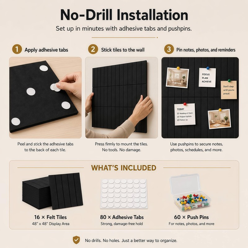 Corodo 48"x48" Large Felt Bulletin Board Tiles for Wall, 16
