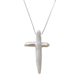 Iutymu White Pearl Cross Necklace Gold Filled Sterling Silver Box Chain Necklace Freshwater Pearl Cross Pendant Necklace Minimalist Necklace Cross Jewelry (Silver Big)