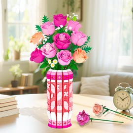 CUBIMANA Romantic Pink Roses Bouquet Building Set with Vase & LED Light, 845PCS Flowers Botanical 3.6MM Mini Building Blocks Toys, Gifts for for Her, Artificial Flowers for Office Home Decor & Display
