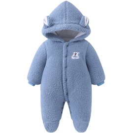 WYTbaby Baby Snowsuit Fleece Warm Winter Romper Bear Hooded Thick Jumpsuit for Infant Newborn Boys Girls for 6-9 Months Blue