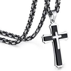 FLHEART Byzantine Cross Necklace for Men, Black Silver Stainless Steel Cross Chain Pendant Necklace Masculine Chunky Sturdy Mens Christian Jewelry Gift 22/24 Inch