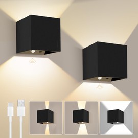 ALUSSO Battery Wall Sconces Set of 2 with Motion Sensor, Rechargeable 4000mAh Wall Lights Dimmable, 3 Colors Adjustable Beam Angle Lamp, Wireless Up Down Night Light for Stairway, Hallway, Black