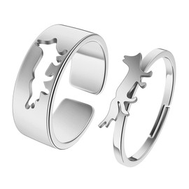 Chereda 2PCS Matching Cute Animals Promise Engagement Rings for Couples Men Women Jewelry Band Sets 316L Stainless Steel Adjustable Open Ring (Fox-s, Adjustable)