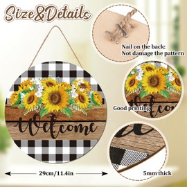 Whaline Sunflower Wooden Hanging Sign Welcome Sign Front Door Decorations Buffalo Plaid Rustic Farmhouse Wreath Sign for Spring Summer Holiday Home Coffee Shop Bakery Indoor Outdoor Wall Window