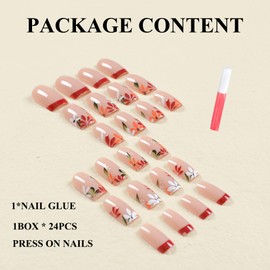 MERVF Square Press on Nails Medium Fake Nails Burgundy French Tip Squoval Nails Press ons with Flower Design Acrylic Nails Artificial 24pcs Glossy Brown False Nails