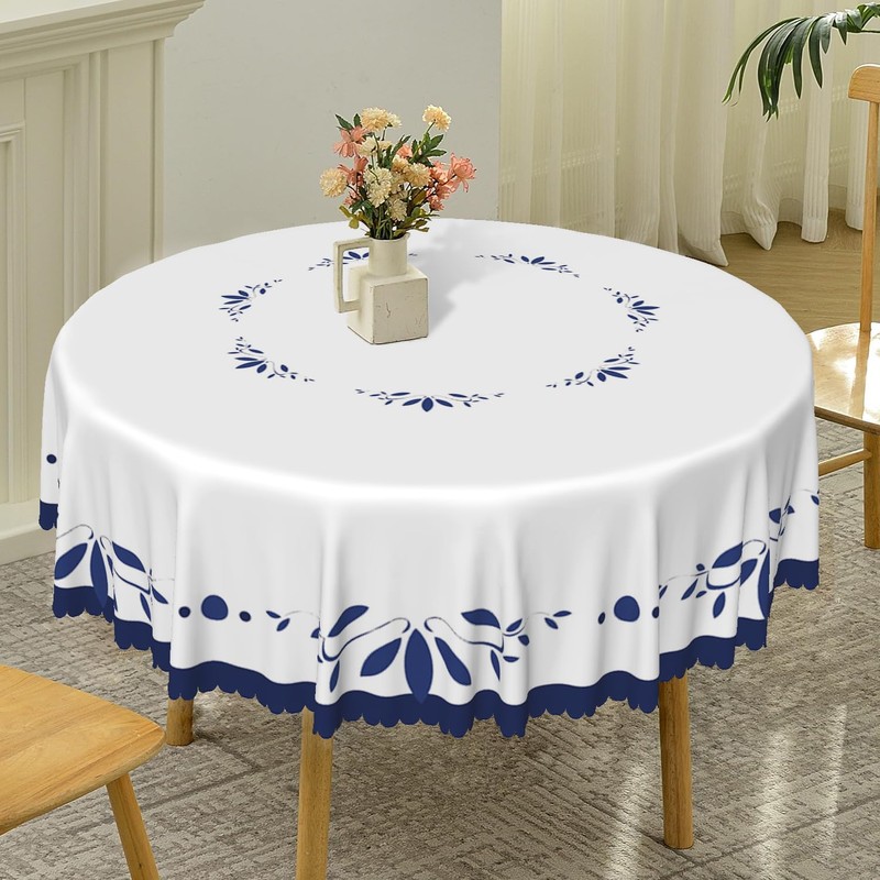 TTQYFNM White Navy Blue Round Tablecloth 60 Inch Minimalism Blue