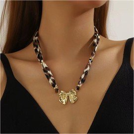Scarf Necklace with Charm for Women Vintage Bow Heart Cross Leopard Necklaces Leopard Scarf Charm Necklace Boho Layered Pearl Coin Necklaces Summer Jewelry Gift (Gold Bow)