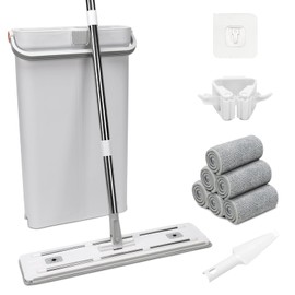 Sayene Flat Mop and Bucket Set with Wringer,Flat Squeeze Mop Head for Home Floor Cleaning,Dust Mops for Wall Cleaner with Long Handle,6 Reusable Microfiber Pads,for Hardwood,Wood,Bathroom Mop