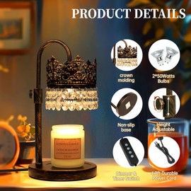 DMBOSS Candle Warmer Lamp with Timer Dimmer Adjustable Height with 2 Bulbs Crystal Candle Lamp Elegant Home Decor Wax Melt Warmers for Women Birthday Gift (Black Gold Brushed)