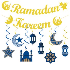 Ramadan Kareen Bunting Banner Gold Ramadan Mubarak Decorations Star Moon Lantern Hanging Streamers Ceiling Foil Swirls for Muslim Islamic Ramadan Kareem Eid Party Decoration Pre-Strung
