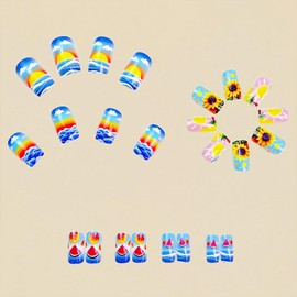 Sunflower Watermelon Press on Nails Sunset Ocean Design Fake Nails with Glue Medium Square Full Cover False Nail Glossy Artificial Stick on Nail for Women