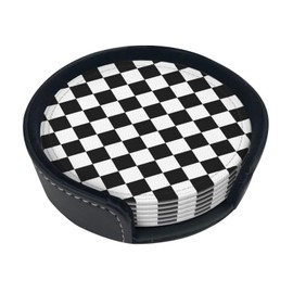 Black and White Checkered Coasters for Drinks Round Leather Coaster with Holder Set of 6 for Tabletop Protection Desk Accessories Office Home Room Decor