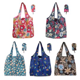 SYEYCW Pack of 5 Foldable Shopping Bags, Reusable Washable Shopping Bags, Portable Lightweight Capacity Shopping Bags, for Daily Shopping of Food, Travel Storage, multicoloured