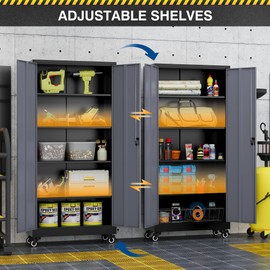 Fesbos Metal Rolling Storage Cabinet-74.6” Tall Steel File Cabinets with Wheels Lockable Doors and Adjustable Shelves-Black & Gray Steel Storage Cabinet for Home, School, Office, Garage