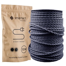 smartect Textile Cable Anthracite, 10 m Vintage Lamp Cable Fabric Twisted, 2 Core (2 x 0.75 mm²) Power Cable Textile Coated for Own DIY Project