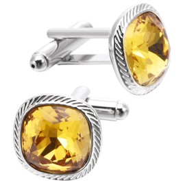 Jonwo Yellow Zircon Gemstone Cufflinks for Men Lady In Gift Case Silver Square Men's Cufflinks Jewelry Set for Wedding Anniversary Business Party Events Tuxedo Dress Shirt