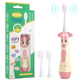 NELL&WELL Kids Electric Toothbrush, 2-Min Timer, 3 Modes with Memory, IPX 7 Waterproof, Battery Powered Kids Toothbrush with 3 Soft Bristles Heads for Children Boys and Girls Ages 3+ - Pink Dog