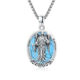 ZIPPICE Saint Raphael Necklace 925 Sterling Silver Turquoise St Raphael Oval Pendant Archangel Raphael Pendant Amulet Necklace Christmas Jewellery Gifts for Women Men with 20"+2" Stainless Steel Chain