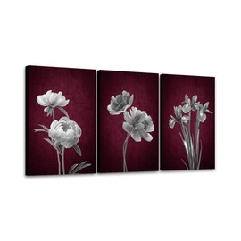 Rustic Wall Art Burgundy Black and White Floral Pictures Vintage Canvas Paintings Rustic Farmhouse Flower Artwork Framed Prints Ready to Hang for Bathroom Bedroom Office 16x24 Inch, 3 Panels