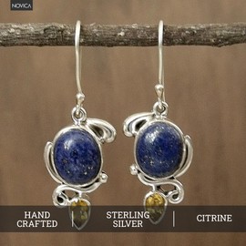 NOVICA Artisan Handmade Lapis Citrine Dangle Earrings Indian with .925 Sterling Silver Lazuli Blue Yellow Royal Reflecting Pond Birthstone 'Royal Charm'