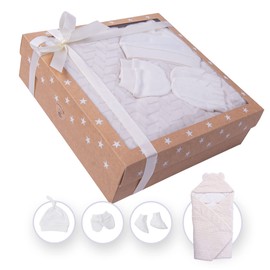 Birth Gift Set - Swaddling Blanket, Hat, Scratch Mittens and Socks for Newborn Baby - Gift for Parents and Pregnancy, Gift Box, First Equipment (Beige)