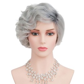 Grey Short Curly Womens Wig Ombre Gray Wavy Wig Synthetic Fiber Hair Wig Daily Halloween Party Wig