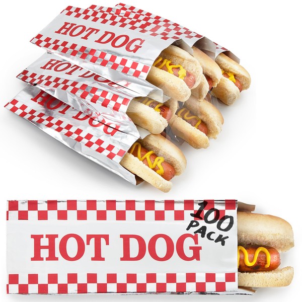 Stock Your Home Hot Dog Wrappers Foil Laminated Paper (100 Pack) Grease Resistant Red Checkered Hot Dog Sleeves Foil, Bulk Hot Dog Bags for Carnival Themed Party, Food Cart, Concession Stand